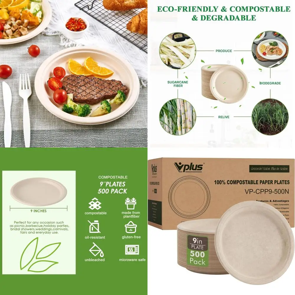 

9 биоразлагаемых бумажных тарелок, упаковка 500 шт., сверхпрочный, экологически чистый пакетик, натуральный сахарный тростник, компостируемый
