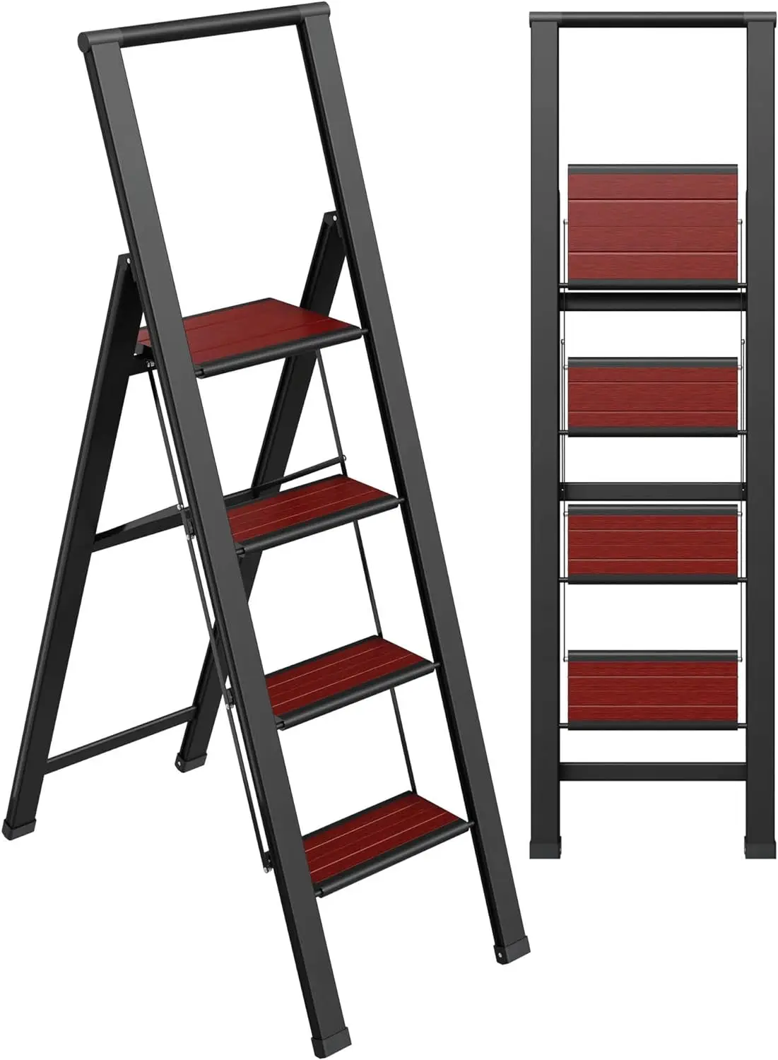 Step Ladder 4 Step Folding, Decorative - Beautiful Mahogany & Black Aluminum, Ultra Slim Profile, Anti Slip Steps, Sturdy-Portab