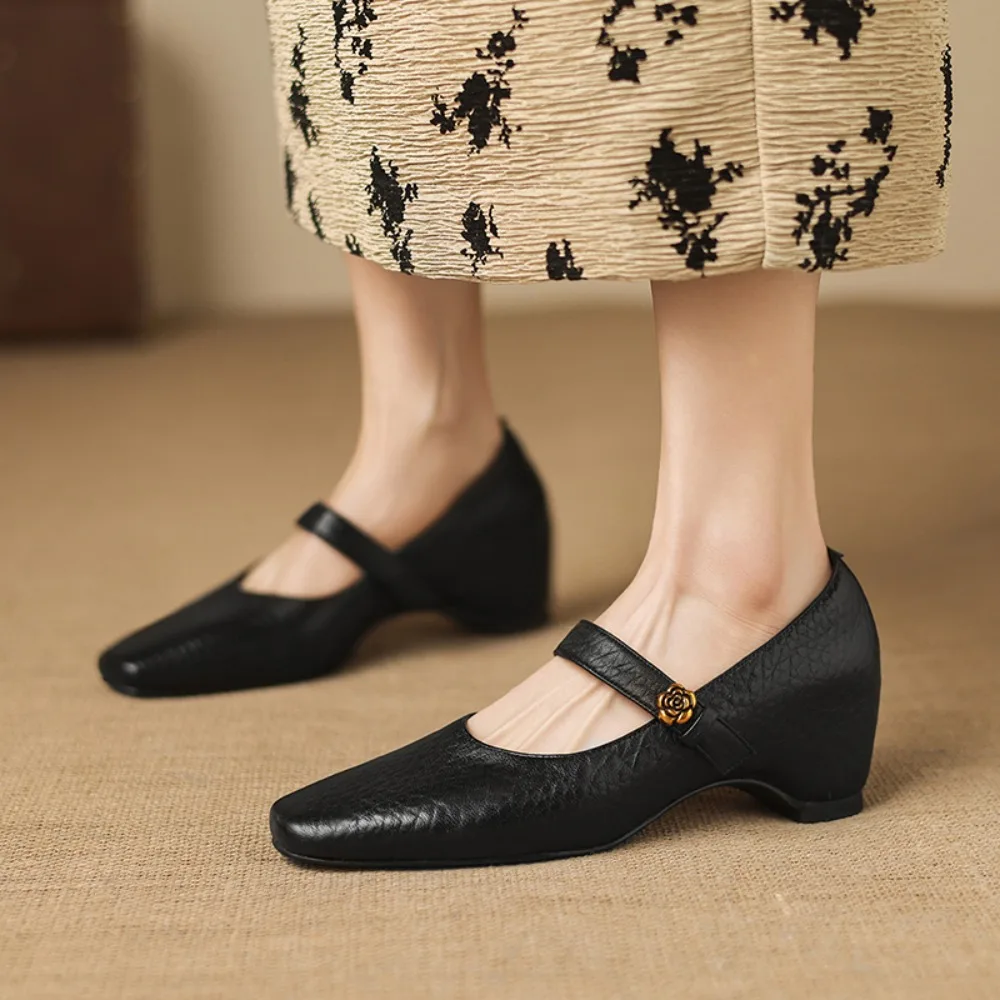 2026 New Retro Pointed Toe Special-shaped Heel Small Leather Shoes Women's New One-line Buckle Strap Wedge Shallow Shoes
