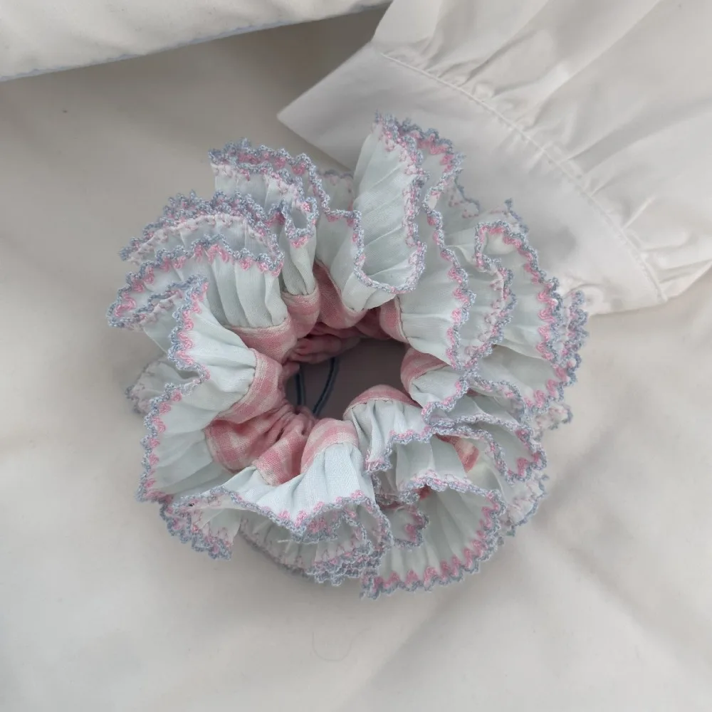 Ikat Rambut Kotak-kotak Elastis Modis Ikat Rambut Renda Besar Gaya Korea Manis Cincin Rambut Berlebihan Kain Multilapis Setiap Hari