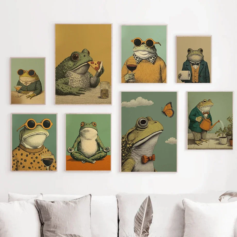 Multiple sizes 1pc frameless Canvas Painting,Whimsical Gentleman Frog Poster Meditating Wine Butterfly Modern Prints Canvas Pain