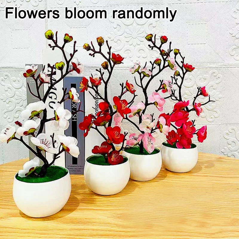 Simulation Plum Flower Pot Plant Artificial Plastic Fake Flowers Home Office Desktop Ornaments Wedding Party Background Decor