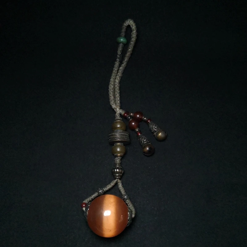 YIZHU CULTUER ART Size 25×5.3 cm Old Chinese Coloured Glaze Beads cat eye Image Coin Pendant Collection