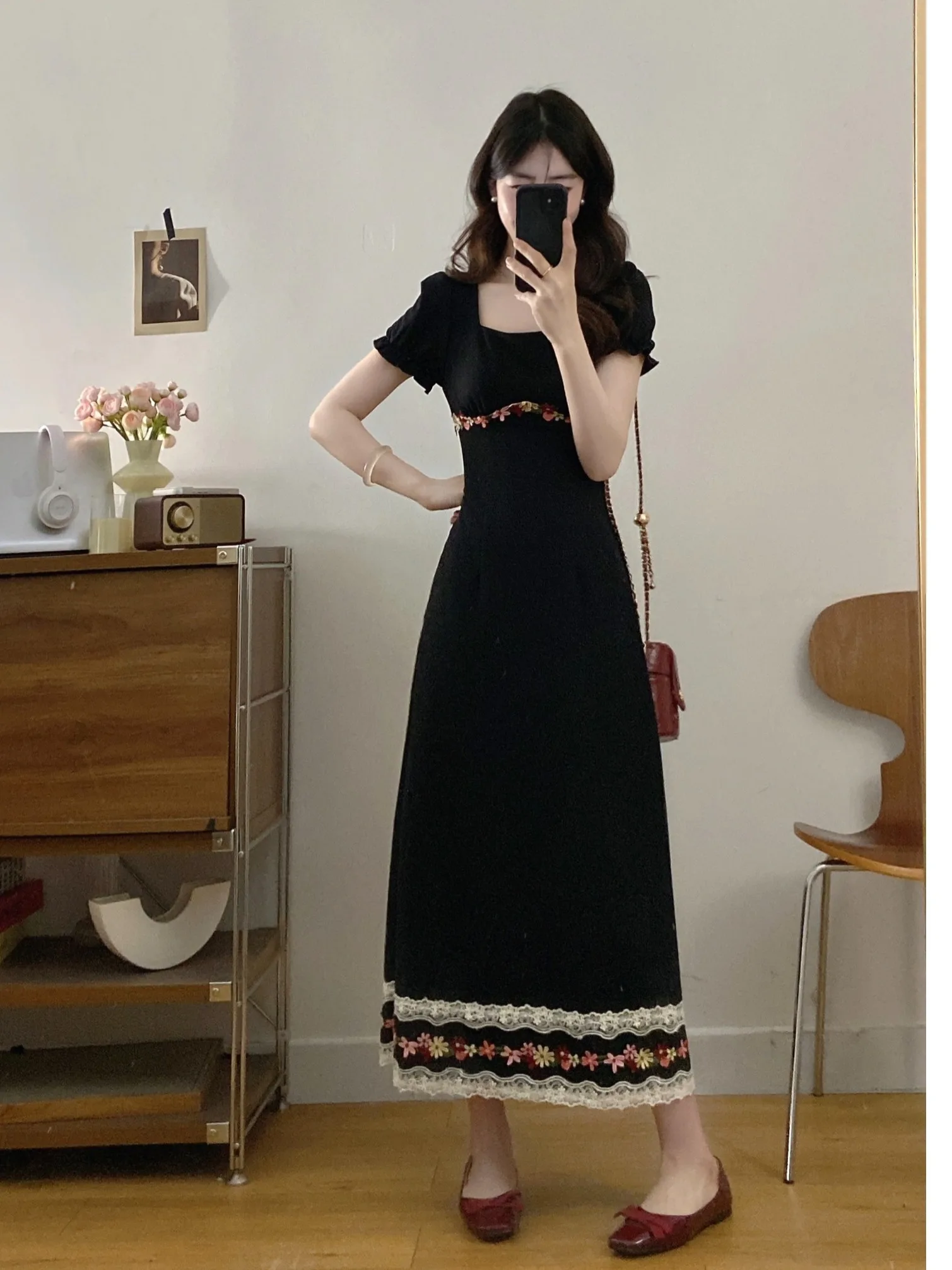 

plus Size Women's Summer New Style Embroidered Lace Trim Dress A-Line Long Dress Slimming Waist High Waist Commute Style
