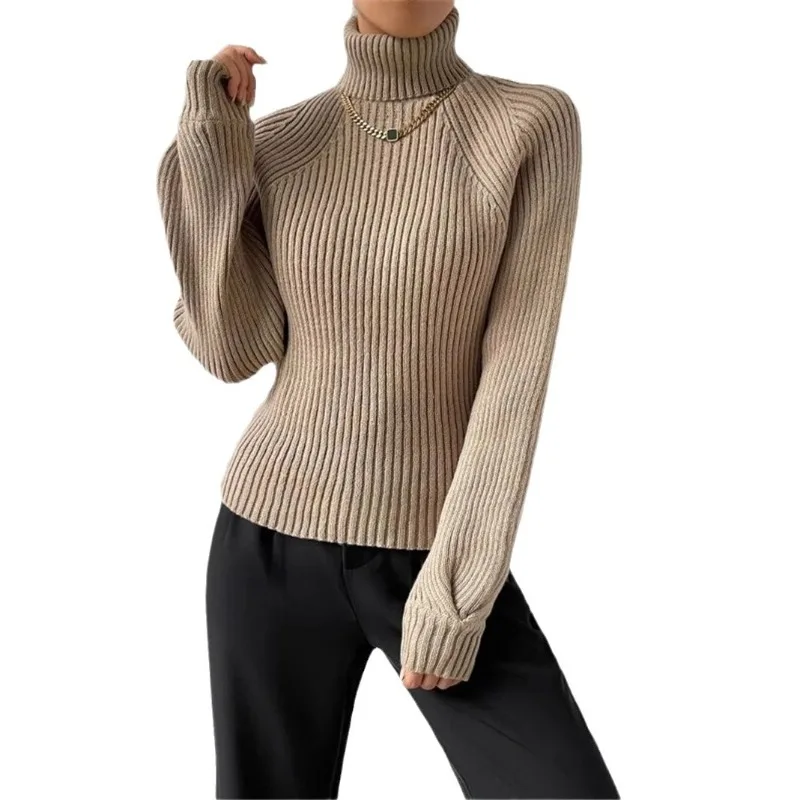 Women's Autumn Winter Sweaters New Fast Selling Loose High Neck Drop Shoulder Sleeves Knitted Pullover Sweater Warm Soft Tops