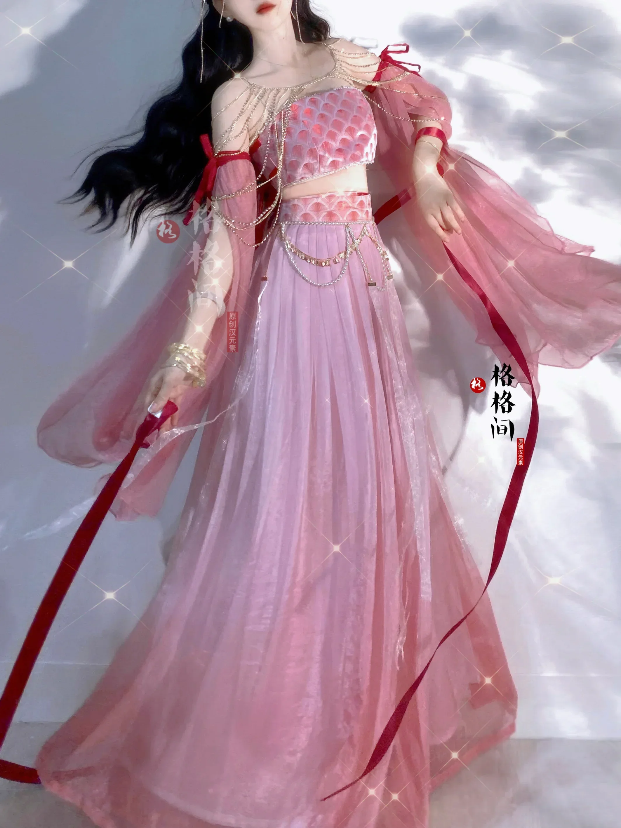 

Chinese Traditional Dress Mermaid Seaside Hanfu Women Skirt Improved Han Elements Exotic Flowing Fairy Pink Dress Accessories