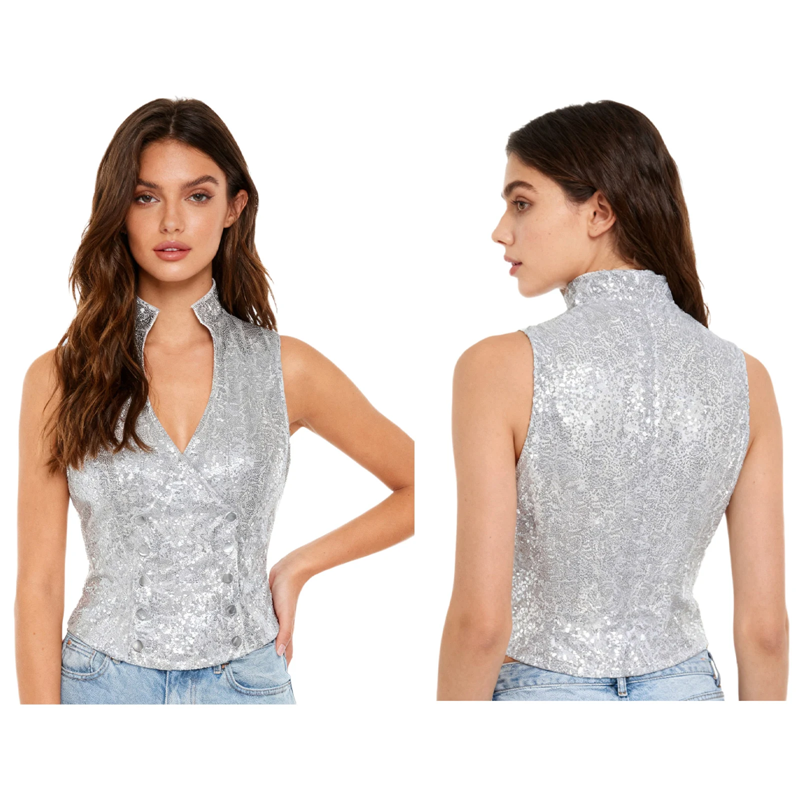 

Women Fashion Shiny Vest Tops Sleeveless Double-breasted Fully Lined Vest Tank Top for Party Cocktail Circus Raves Banquet Shirt