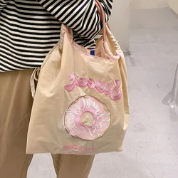 2022 neue japanische Mode-Einkaufstasche für Damen, Hasen-Donut-Stickerei, Nylon-Tragetaschen, hohe Kapazität, Designer-Schultertaschen