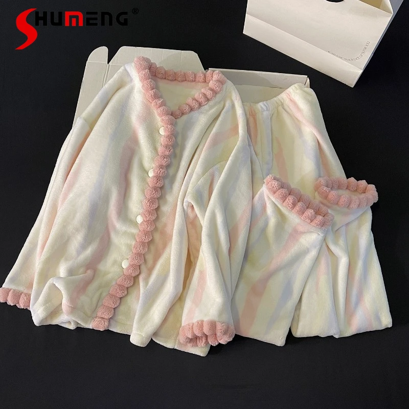 

Winter New Fleece Pajamas for Women Thickened Lined Student Homewear Set Female Japanese Style Sweet Loungewear Suits