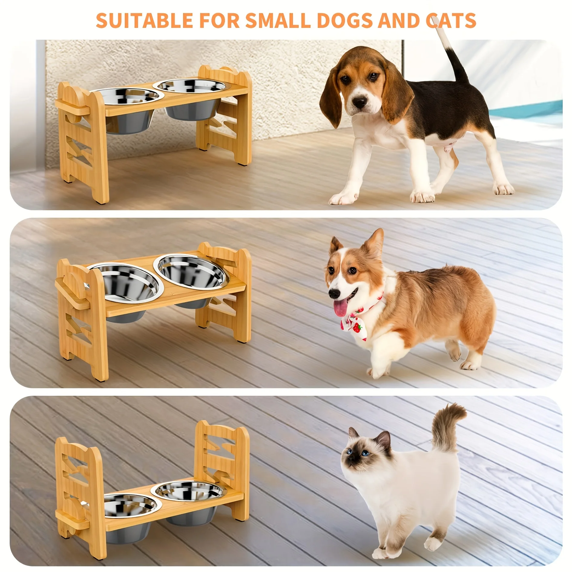 Bamboo Dog Bowl Riser - Height-adjustable Feeding Stand with Removable Stainless Steel Bowls, Suitable for Food and Water;