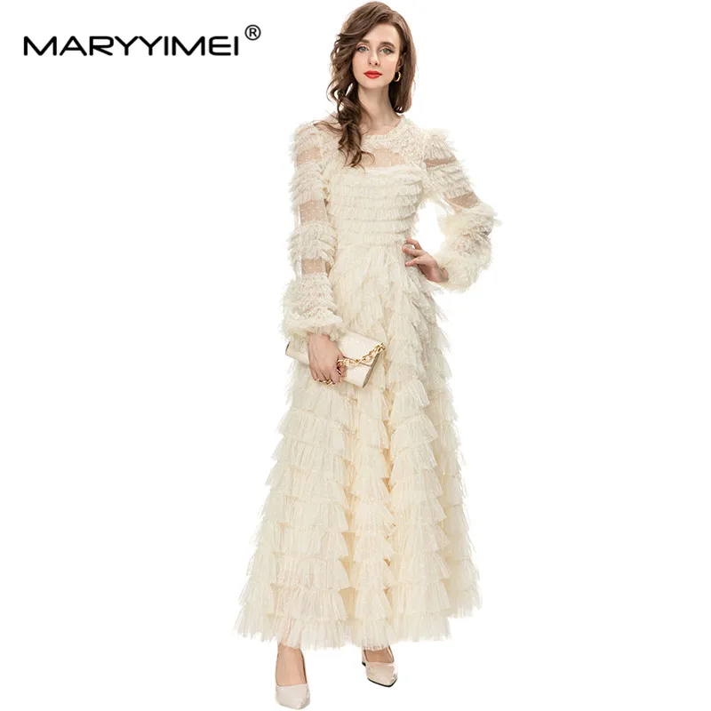 MARYYIMEI Spring/Summer Fashion Designer Dress Women\'s Dot Print Mesh Ruffle Patchwork Round Collar Long-Sleeve Tierred Dresses