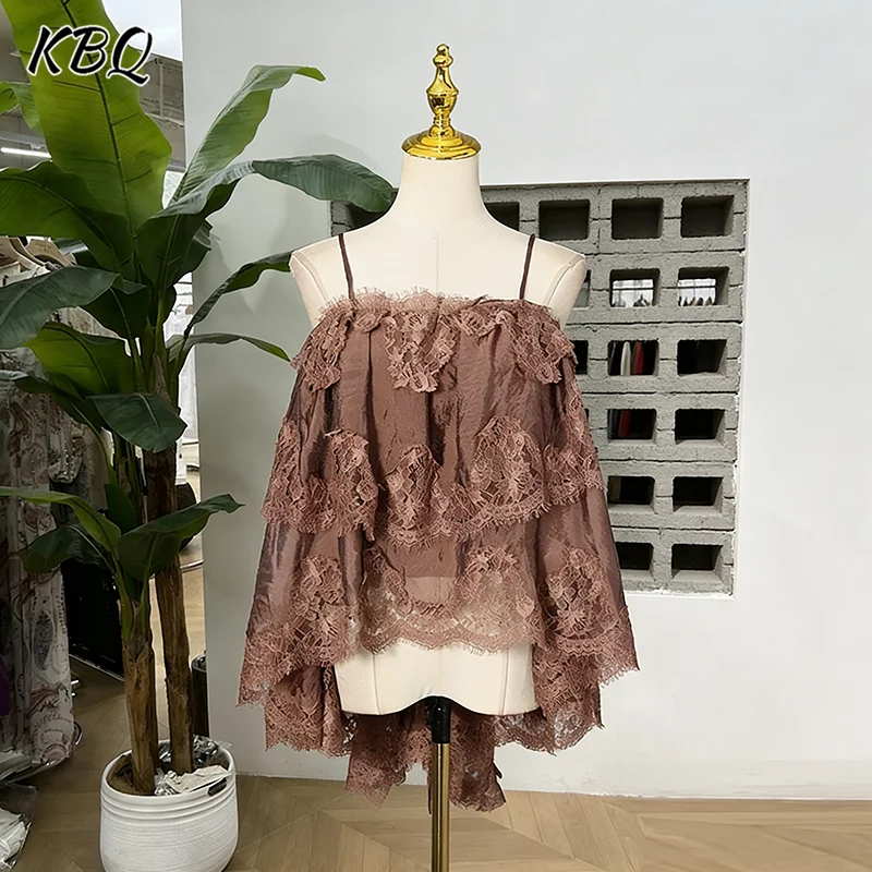 

KBQ Solid Hollow Out Loose Sheer Spliced Lace Sexy Blouses for Women Square Neck Sleeveless Patchwork Ruffles Blouse Female New