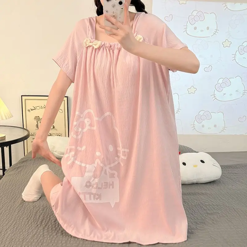 

Sanrio Hello Kitty Pajamas Dress Summer Long Skirts Nightdress Y2K Short Sleeve Long Dresses Sleepwear Cute Pijama Home Wear New
