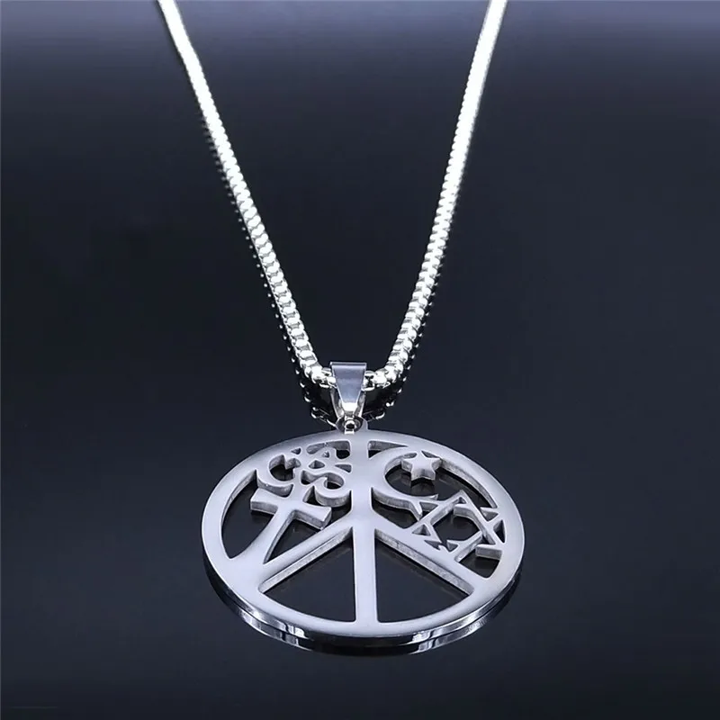 2024 Coexist in Peace Stainless Steel Necklace Om Cross Crescent Moon Star of David Silver Color Women/Men Jewelry N4408S02