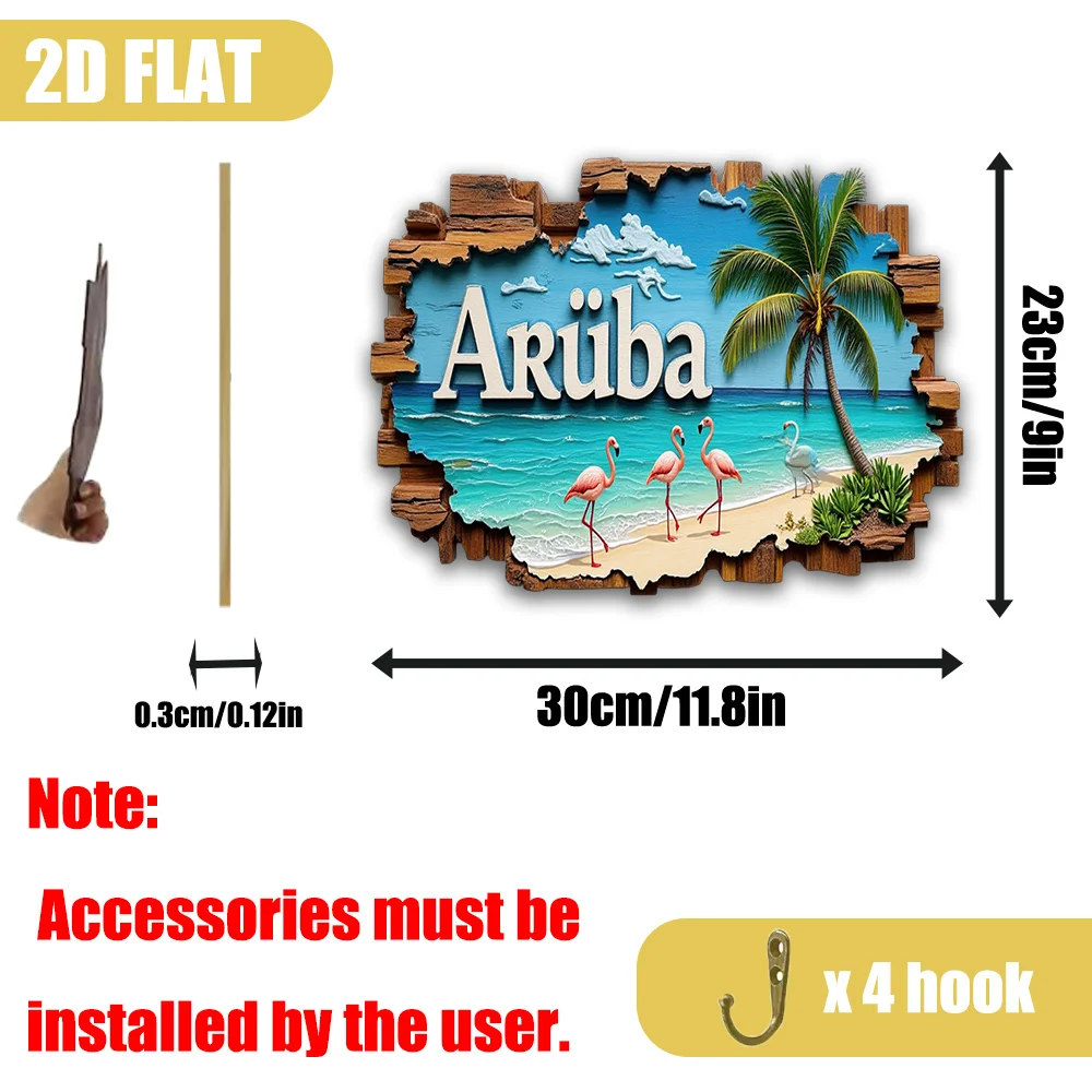 Colgador de llaves tropical Aruba Paradise, grande organizador de llaves montado en la pared de madera de 23x30cm (9x12 pulgadas) con palmeras, flamencos y