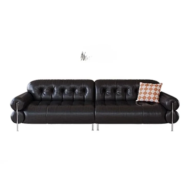 

French retro leather sofa antique straight row high brown sugar cloud sofa in living room