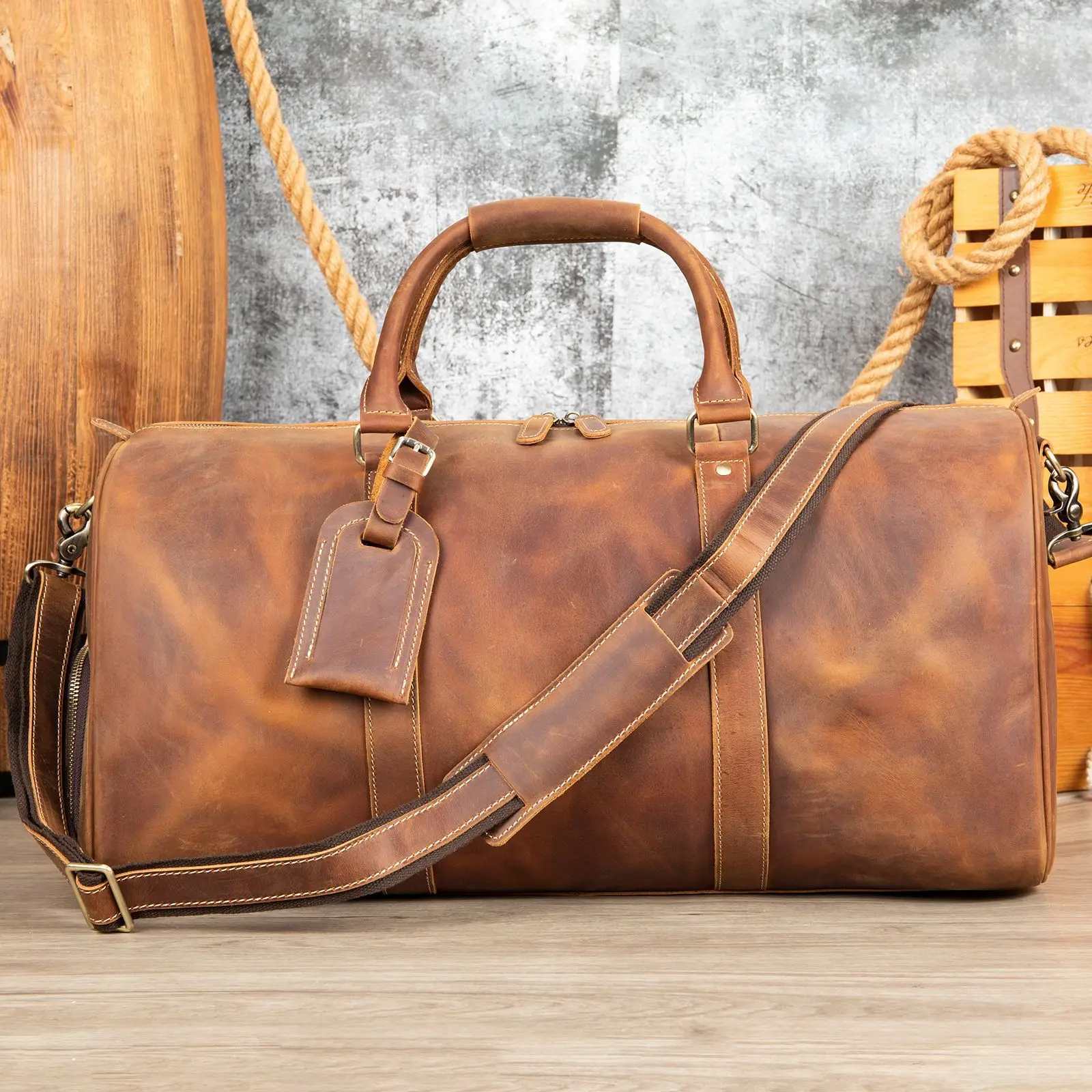 Men's Genuine Leather Duffel Bag with Shoe Compartment, Premium Cowhide Gym Travel Holdall, Crossbody Weekender Bag