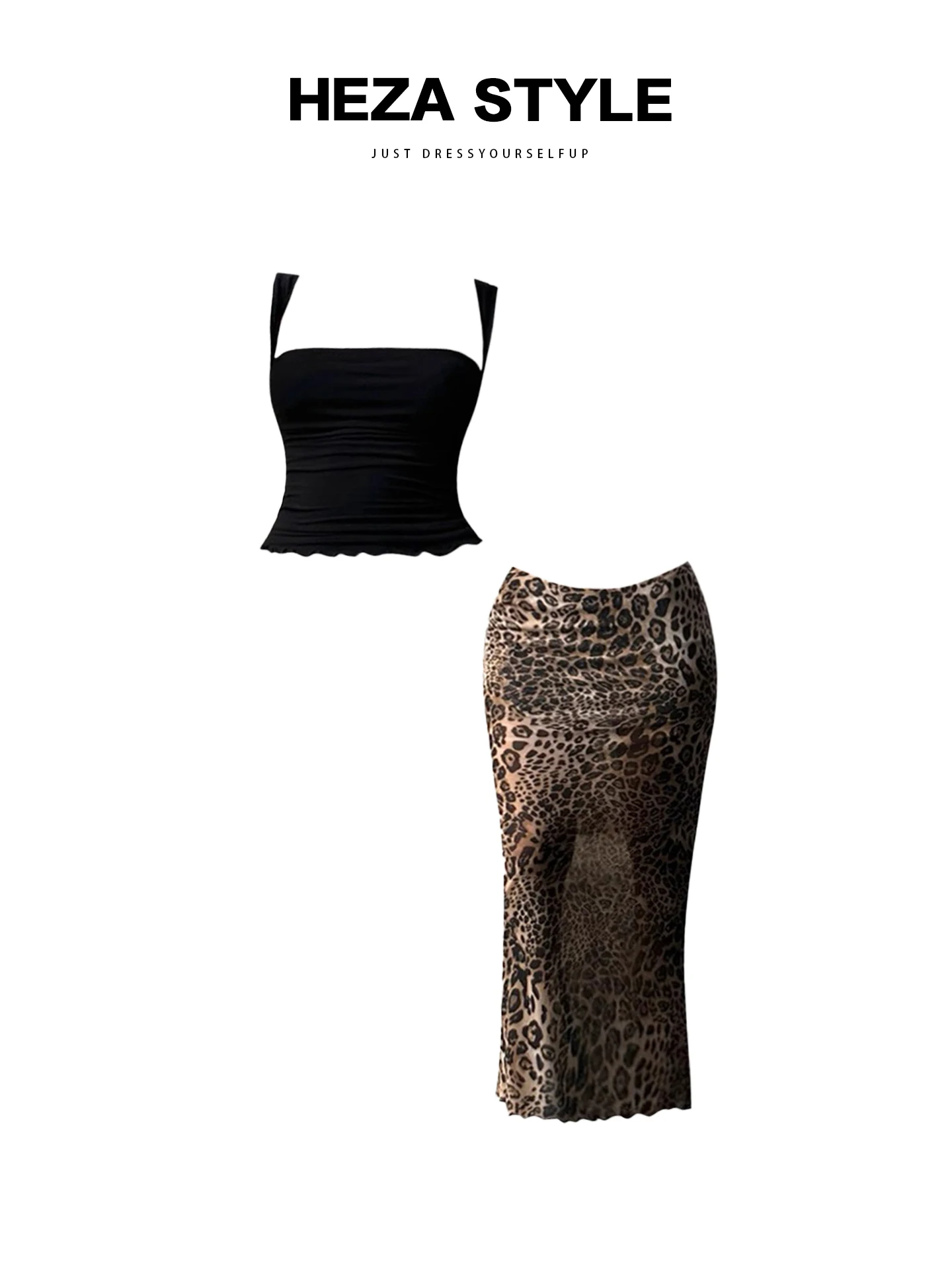 HEZA plus Size Retro Sexy f Rok Set vrouwen Slim Fit Zomer Faion Ensemble Luipaard Print Hoge Taille Midi rok