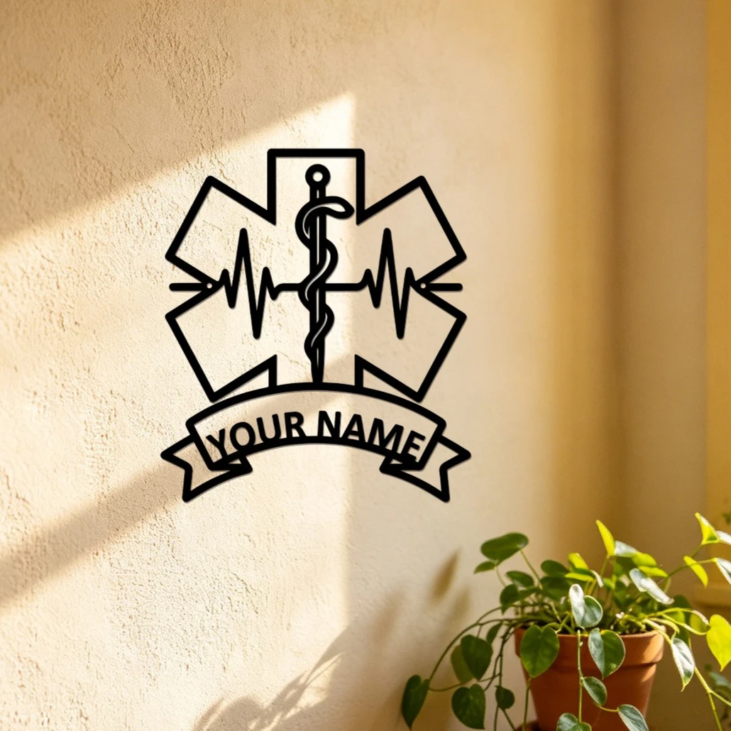 Medical EMS Metal Wall Sign Custom Name Star Of Life ECG Wall Art Paramedic Snake Rod Wall Plaque Unique Medical Staff Present