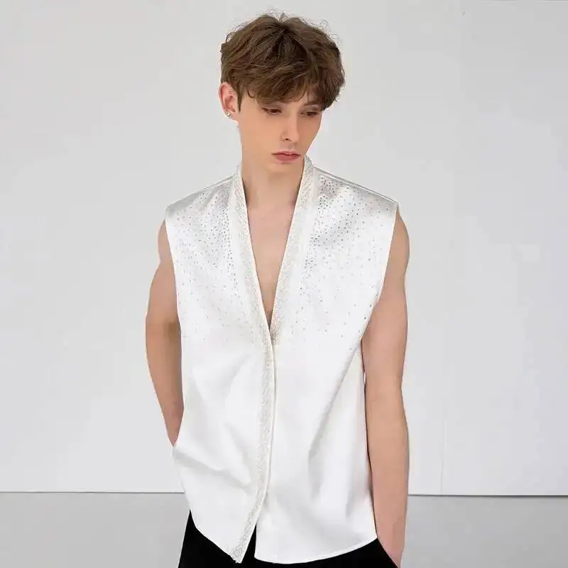 LUZHEN Handsome Shirts 2026 Sleeveless Summer Men's Fashion Luxury Sequin Patchwork Decorate Solid Color Casual Male Tops JY7570