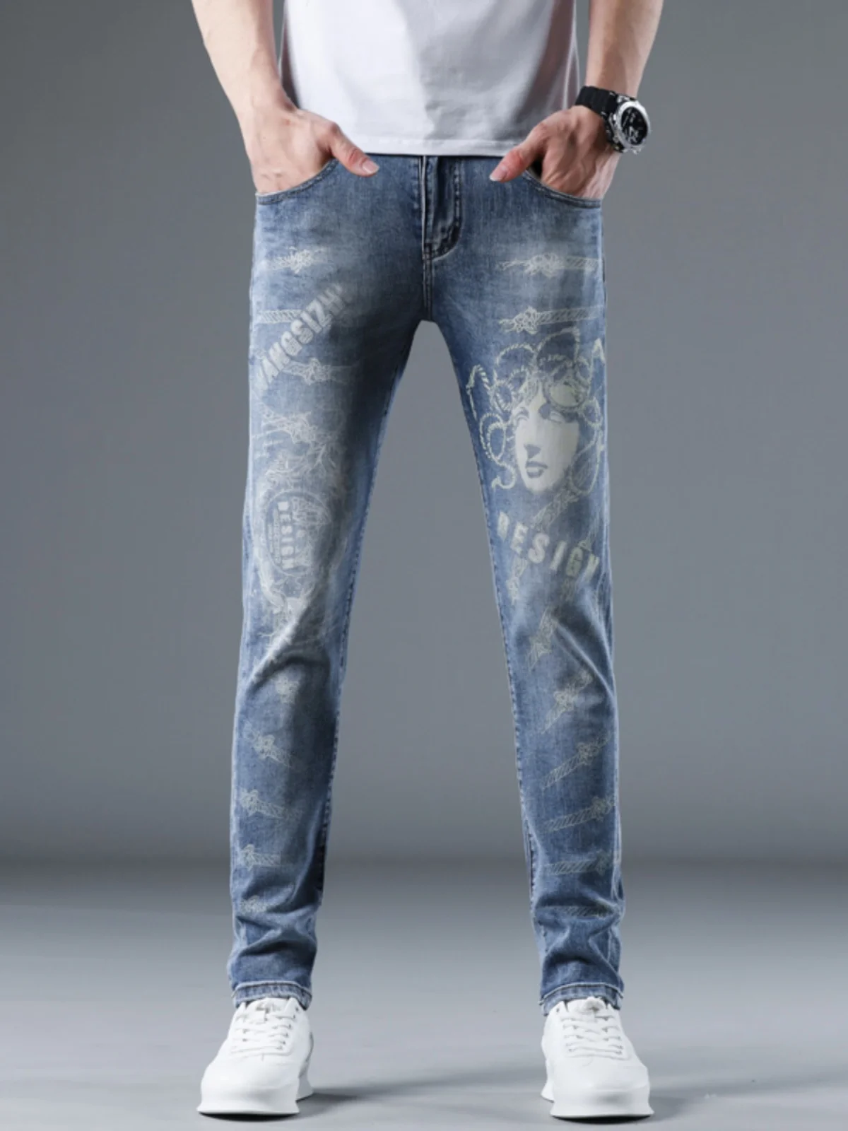 

Men's High-End Printed Jeans Casual Lightweight Slim Fit Long Pants Spring Autumn Light Color Trendy Brand Cotton Stretch Denim