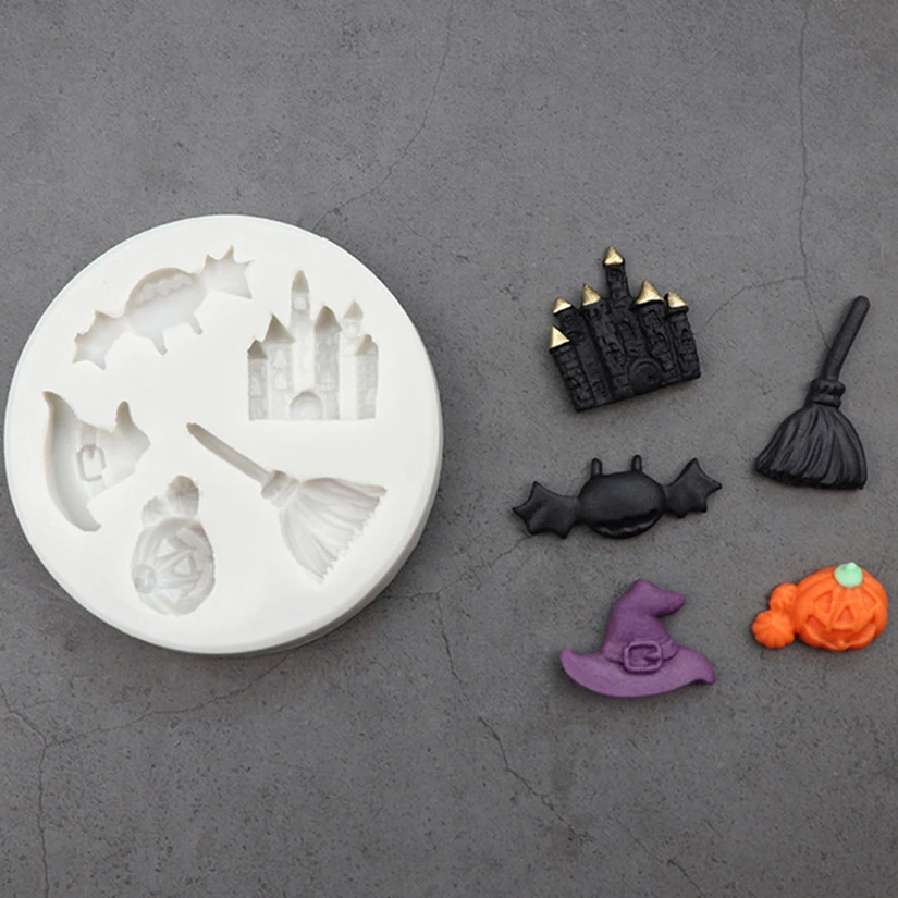 Molde de silicona de Halloween con diseños de escoba, murciélago y calabaza, herramientas para resina, molde para hornear cupcakes, herramientas para decoración de pasteles de fondant
