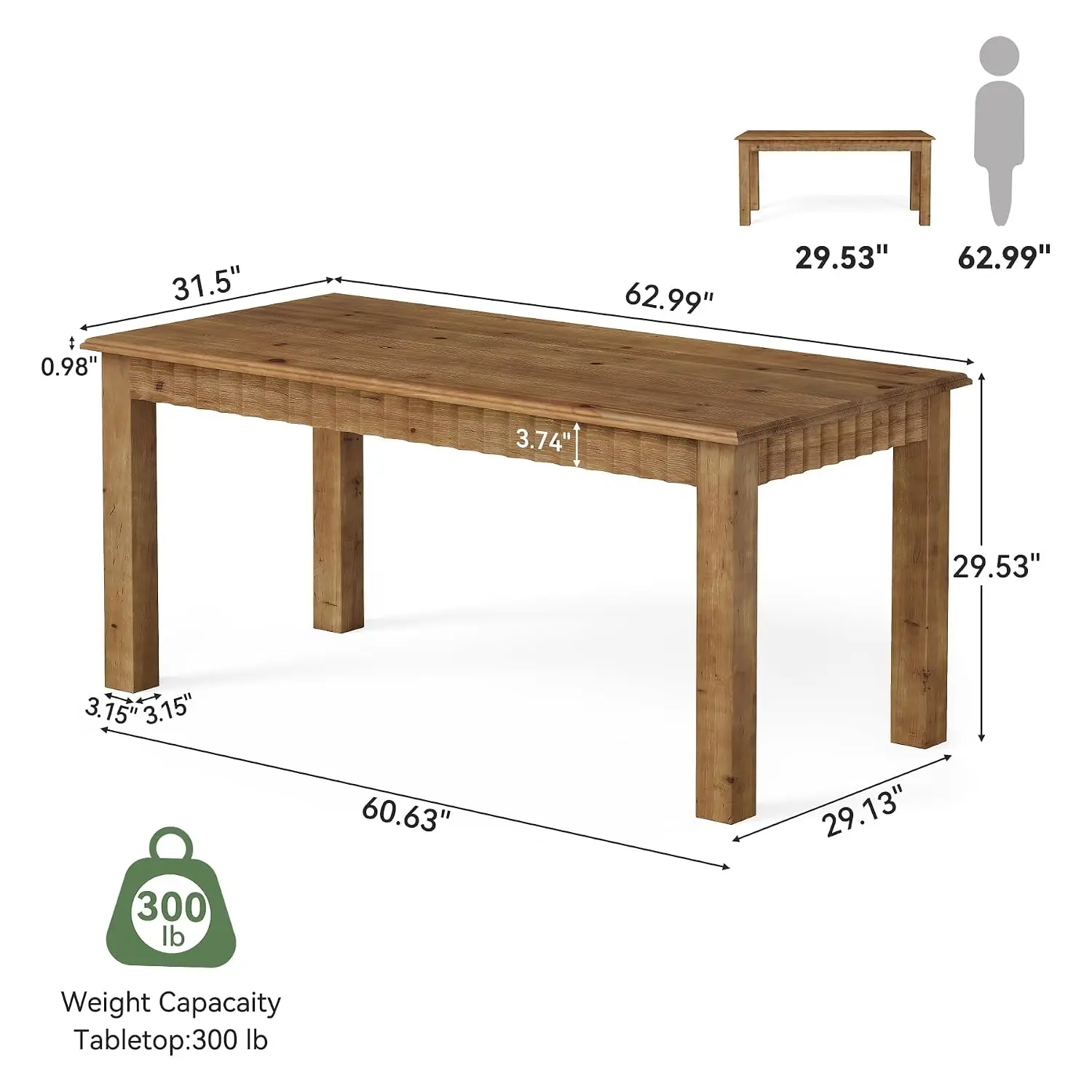 63-Inch Solid Wood Computer Desk With Sturdy Legs, Rustic Office Table For Writing & Study, Brown, Customized