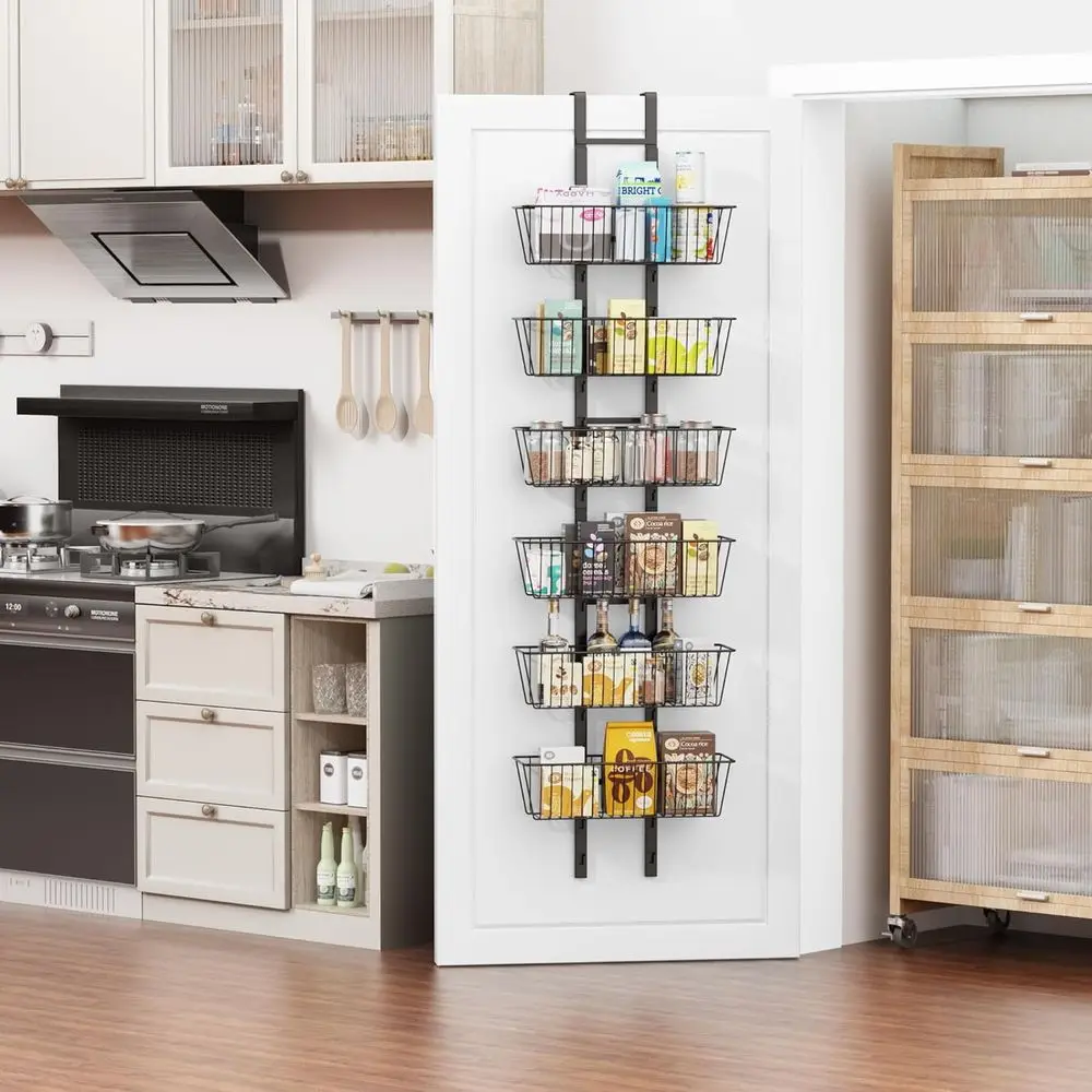 

6-Tier Over The Door Pantry Organizer, Metal Hanging Storage Shelf with Adjustable 6 Baskets, Space-Saving Design Hanging Spice