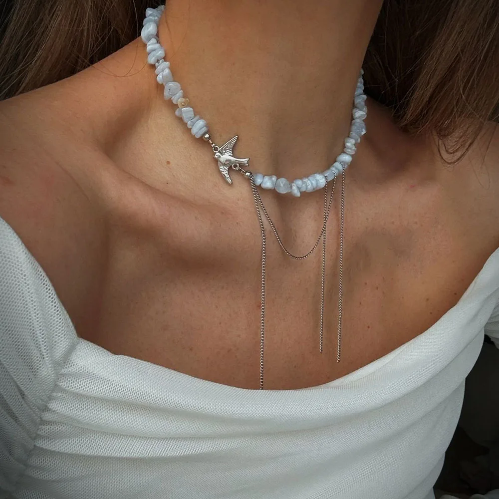 Elegant Multilayer Tassel Chain Pendant Necklace For Women Vintage Creative Natural Blue Stone Chocker Necklace Wedding Jewelry