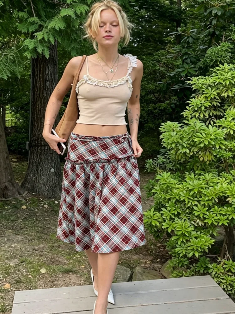

Y2K Preppy Style Red Blue Plaid Midi Skirt Women With High Waist Tie And Ruffle Hem Design A Line Casual Skirt