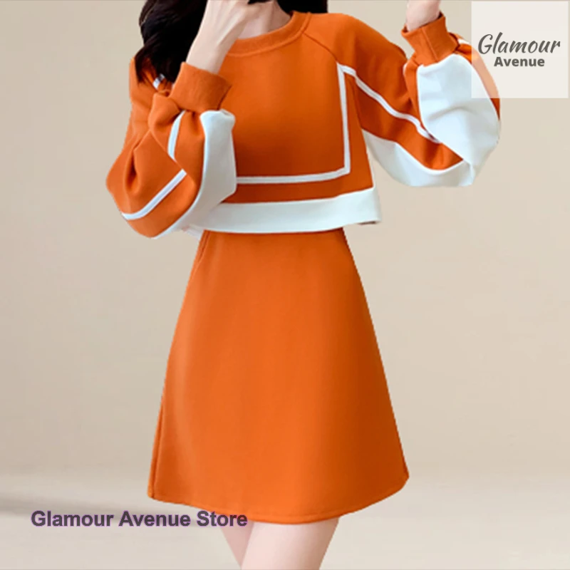 

Korean style fashion stitching contrast sweater dress female spring and autumn new temperament waist slimming fake two skirts.