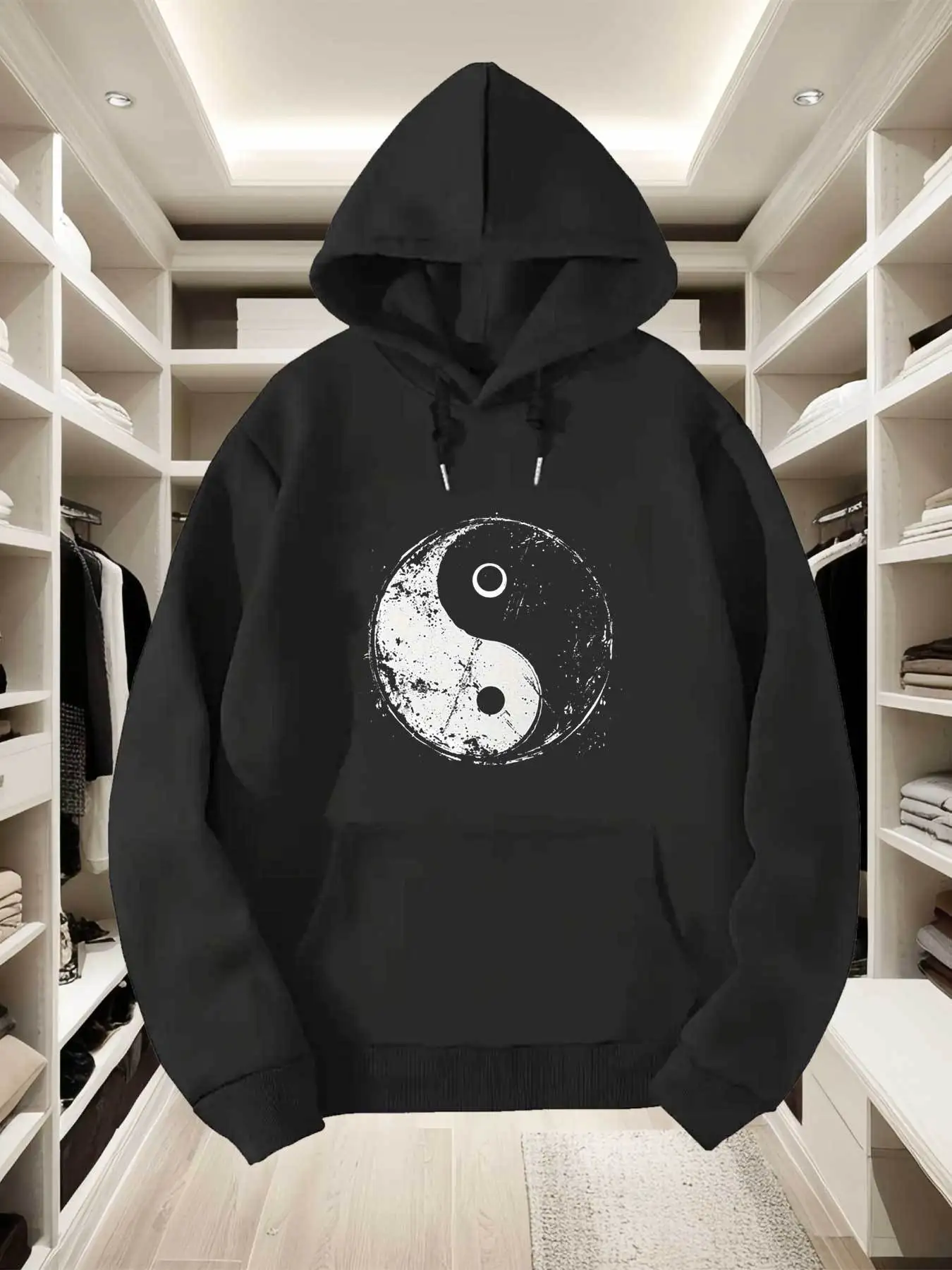 Comfortable hoodie with distressed color blocking and yin-yang symbol | Cute graphic hoodie for men, with pockets and collar