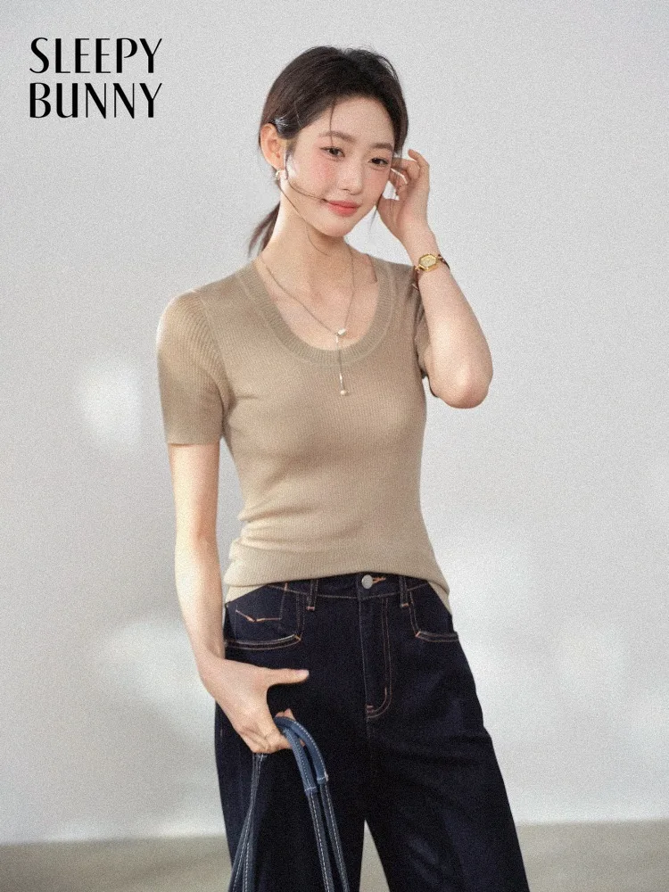 

Women U Neck T Shirt Slim Fit Top Ribbed Short Sleeve Tee Soft Stretch Knit Summer Basic Casual Outfit Elegant Minimal Lady