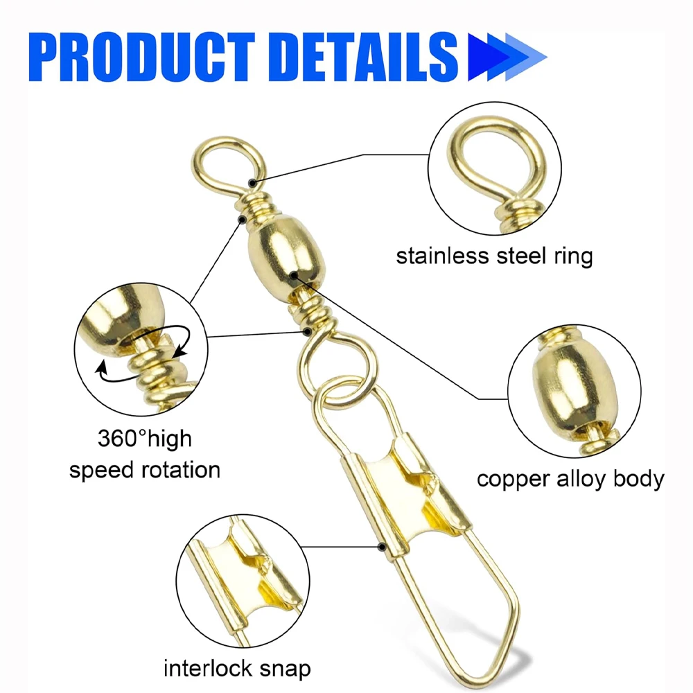 60Pcs Fishing Barrel Swivel with Safety Copper Fishing Connector Snap Swivels High Strength lure Fishing rig Accessories Tackle