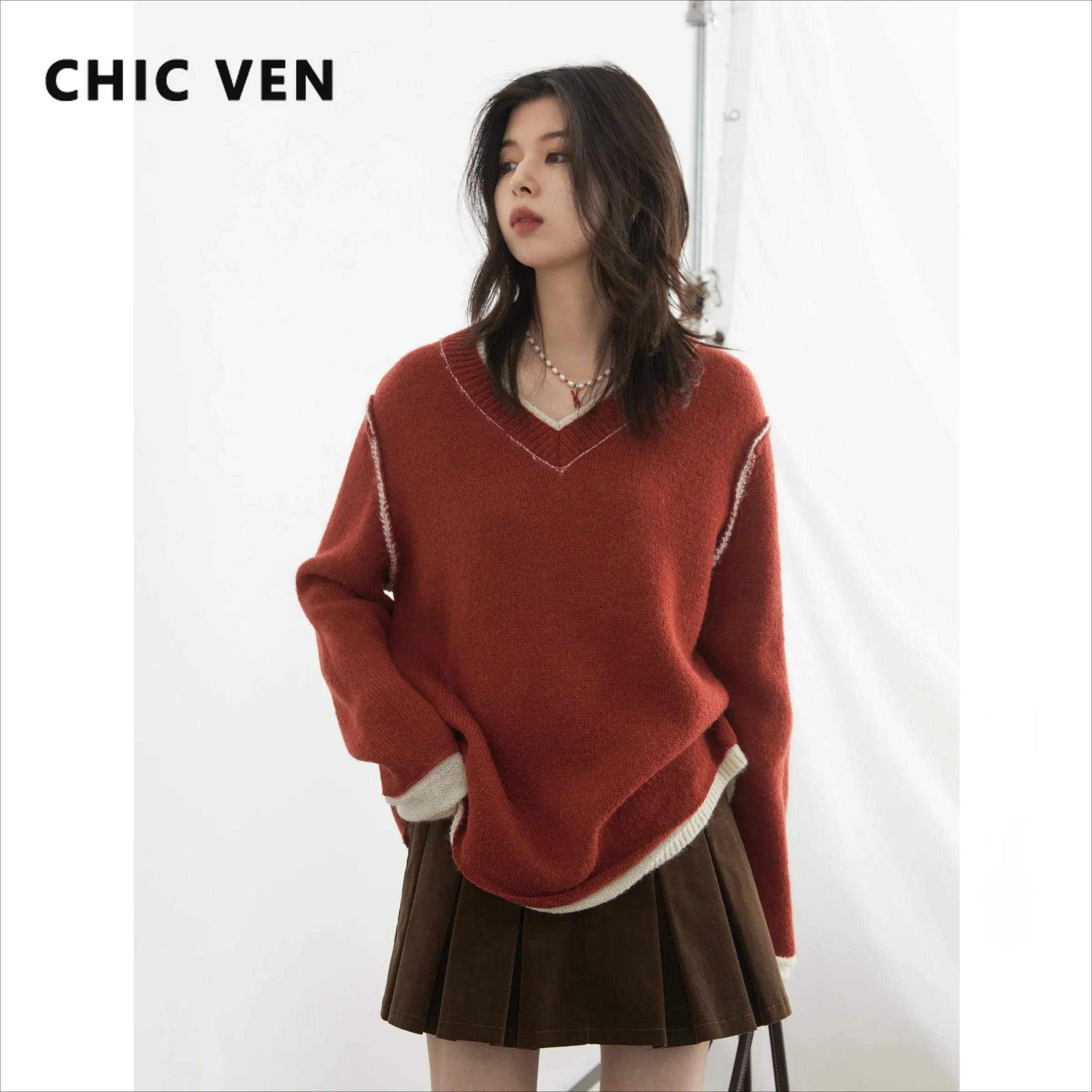 CHIC VEN Women Sweaters Long Sleeves Loose Pullovers Korean Color Block V-neck Patchwork Female Knitted Top Autumn Winter 2024