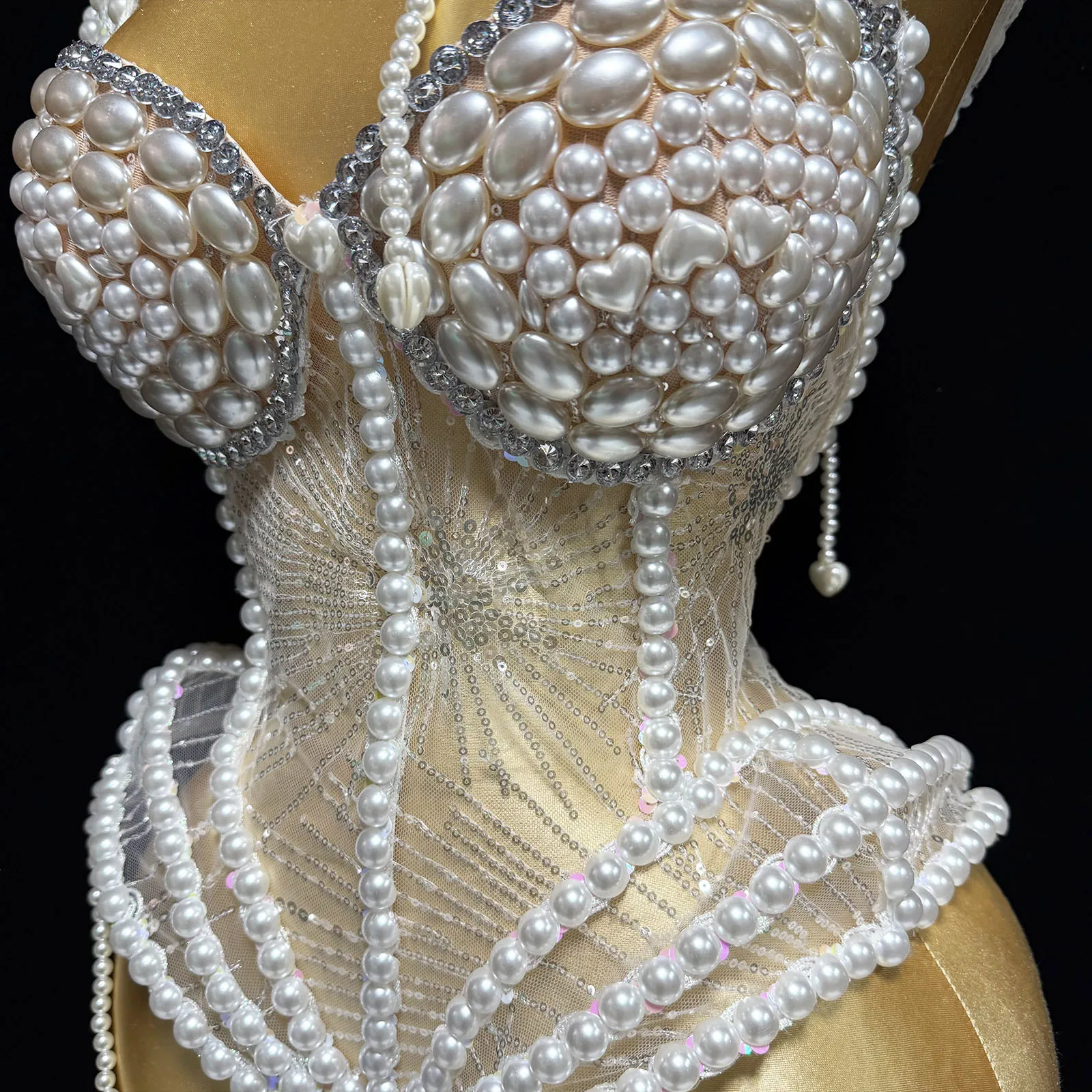 Nouveau GOGO blanc perle spectacle fille scène Sexy femmes discothèque fête anniversaire culture hauts porter chanteur Performance glisser reine Costumes