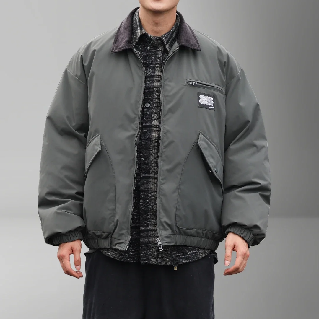 Winter Padded Jacket For Men Harajuku Coat Vintage Korean Style Workwear Heavyweight Patchwork Corduroy Lapel Oversized Casual