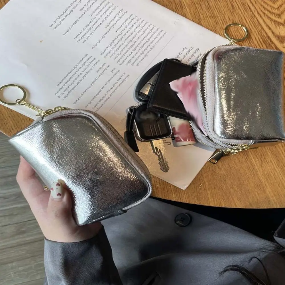 

Повседневный трехслойный серебряный кошелек в корейском стиле из натуральной кожи на молнии, кошелек для наушников, клатч, сумка для мелких предметов, мужская сумка