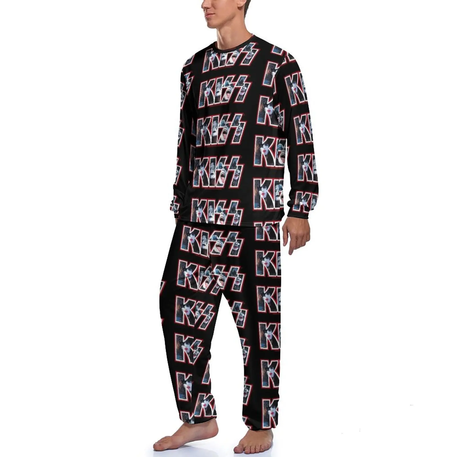 Kiss Band Photo Pajamas Long Sleeves Kiss Logo Print 2 Pieces Aesthetic Pajama Sets Winter Male Custom Fashion Sleepwear