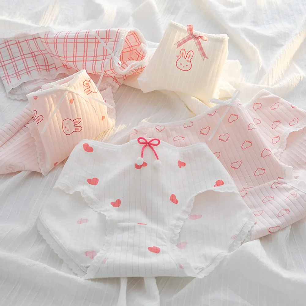 Comfortable Lingeries Mid-waist For Girls Cotton Crotch Korean Underwear Cute Briefs Women Rabbit Panties Heart Pattern