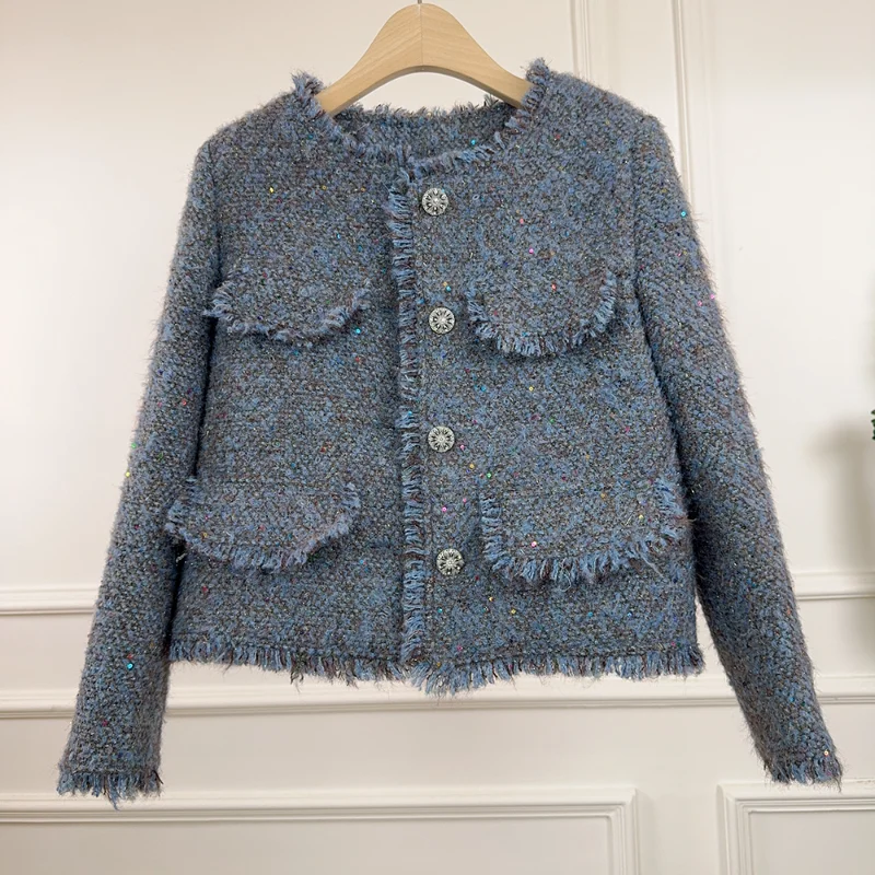 

Small Fragrance Sequins Blue-purple Round Neck Tassel Down Liner Warm Jacket Women Fashion Fake Pocket Tweed French Lady Jacket