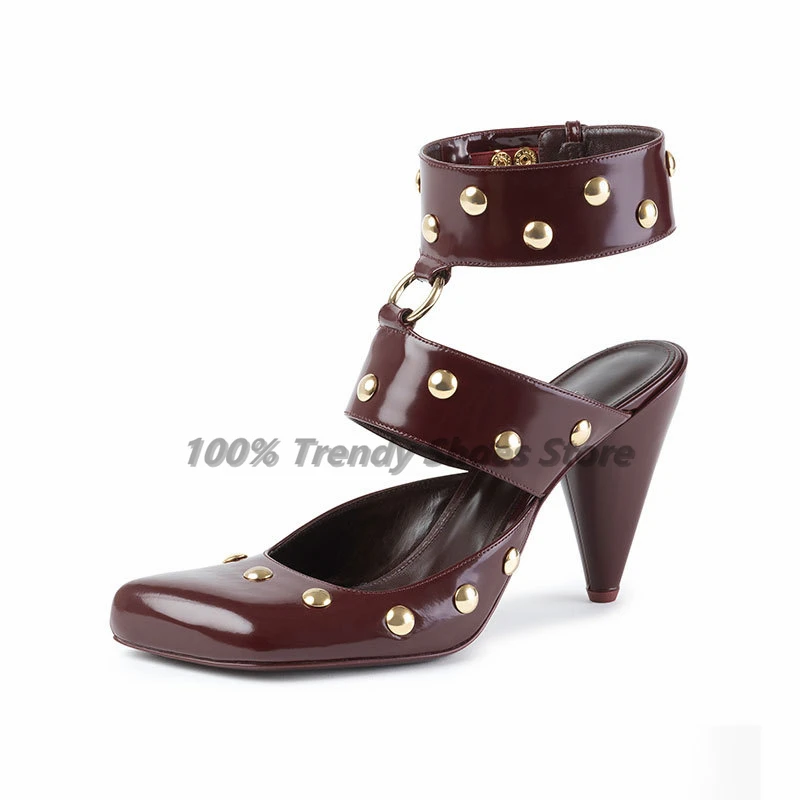 

European and American Irregular Thick High-Heeled Patent Leather Mid Mouth, Rear Hollow Rivet Head Single Sexy Plus Size Shoes