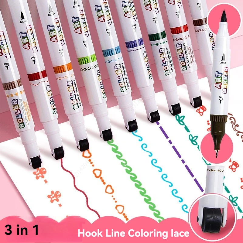 3 in 1 Kawaii Bloemen Lijnvormige Markeerstiften Roller Tip Curve Liner Marker voor School Kantoor Journaling Tekening Briefpapier
