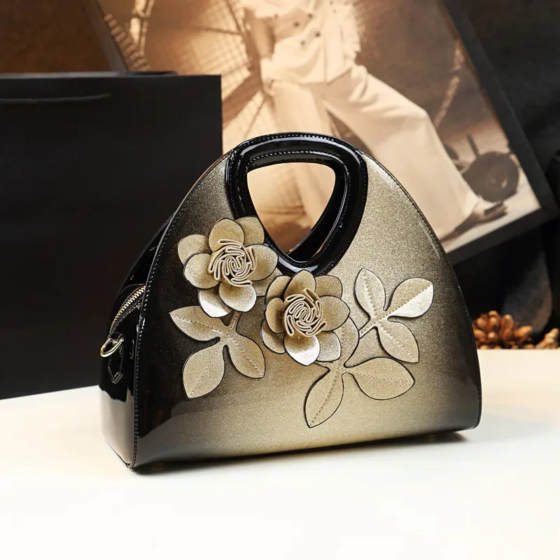 

Glossy Patent Leather Handbags For Women Top Handle Purse Satchel Bag Stylish Handbag Medium Tote Flower Design Shoulder