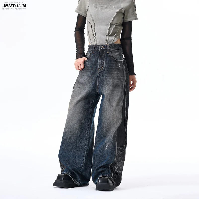 

High Street Deconstructed Splicing Wide Leg Jeans Side Zipper Graffiti Make Old Grinding White Loose Men's Pants Y2k Clothing