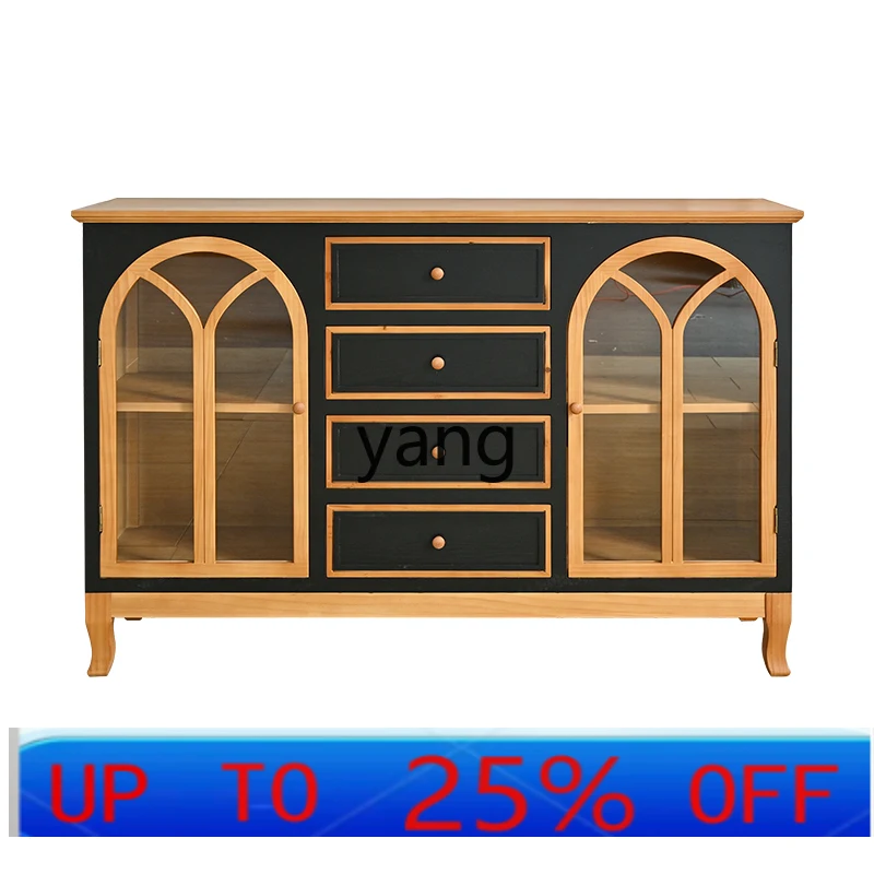 

LMM solid wood dining side cabinet retro glass door decoration against the wall low cabinet storage