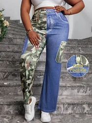 Plus Size Women's Camouflage Print Faux Denim Pants High Stretch Knit Fashionable Loose-Fit Straight Leg Casual Wide Leg Trouser