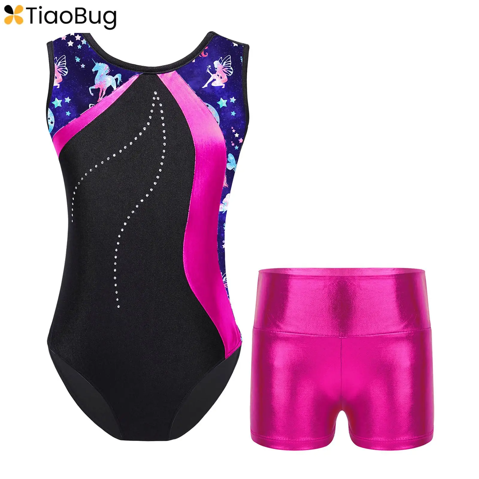 

Kids Girls Rhinestone Floral Ballet Dance 2 Piece Outfits Sleeveless Gymnastics Leotards with Metallic Shorts Sets Dancewear