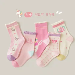 5 Pairs Children's Socks Spring Autumn Cotton Socks Girls Mid Calf Socks Purple Unicorn Cartoon Socks Girls Cute Pattern Socks