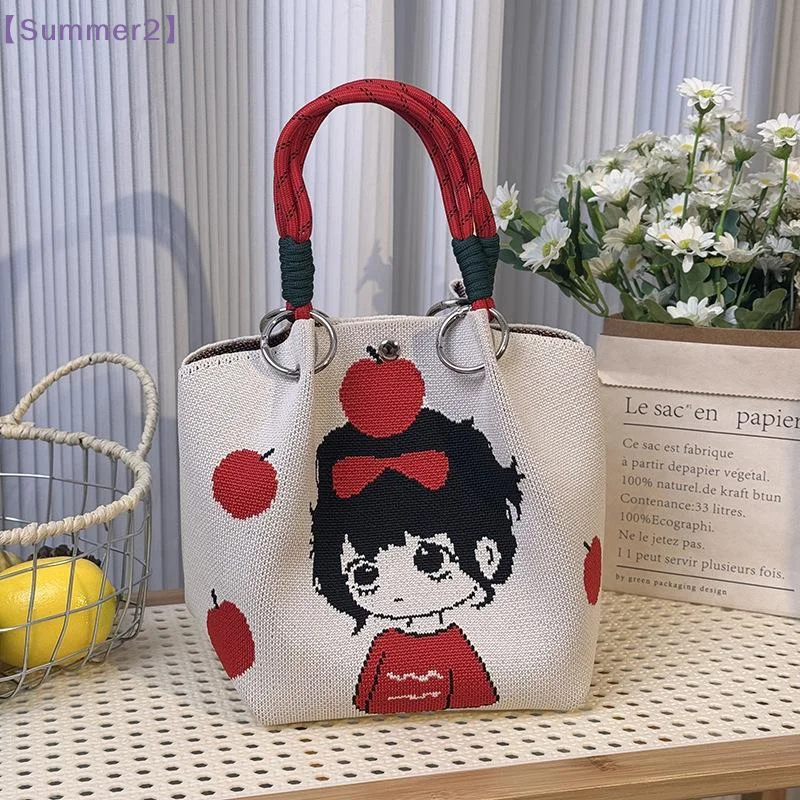 【Xia2】Womens Knitted Tote Bag Fashion Water Bucket Handbag For Work Travel Versatile Canvas Lunch Purse{S}